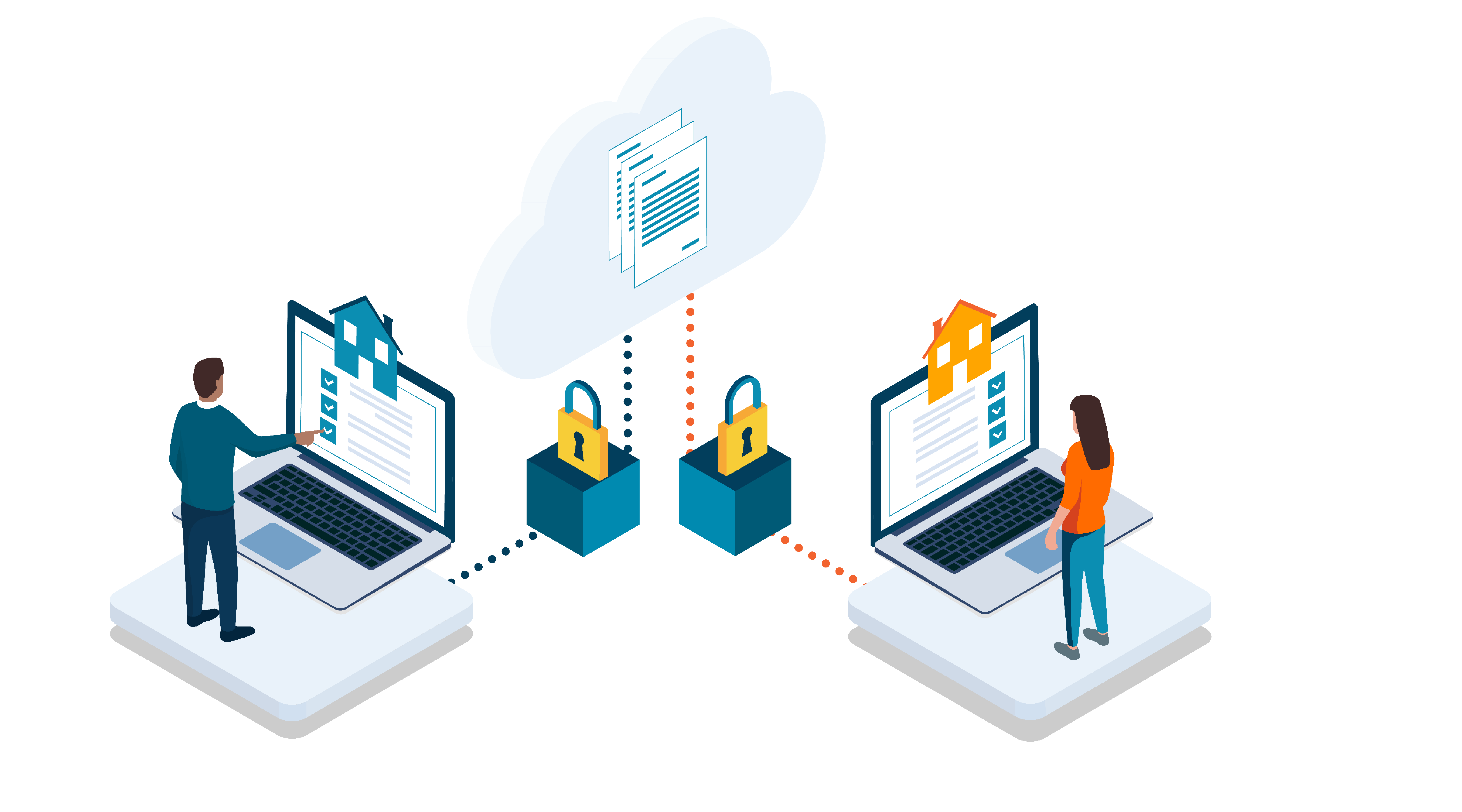illustration people using computers and secure data in the cloud